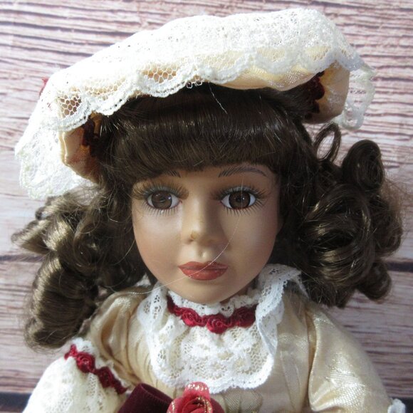 Collector’s Choice Porcelain 12" Doll Cream & Red Victorian Style Dress - Picture 3 of 9